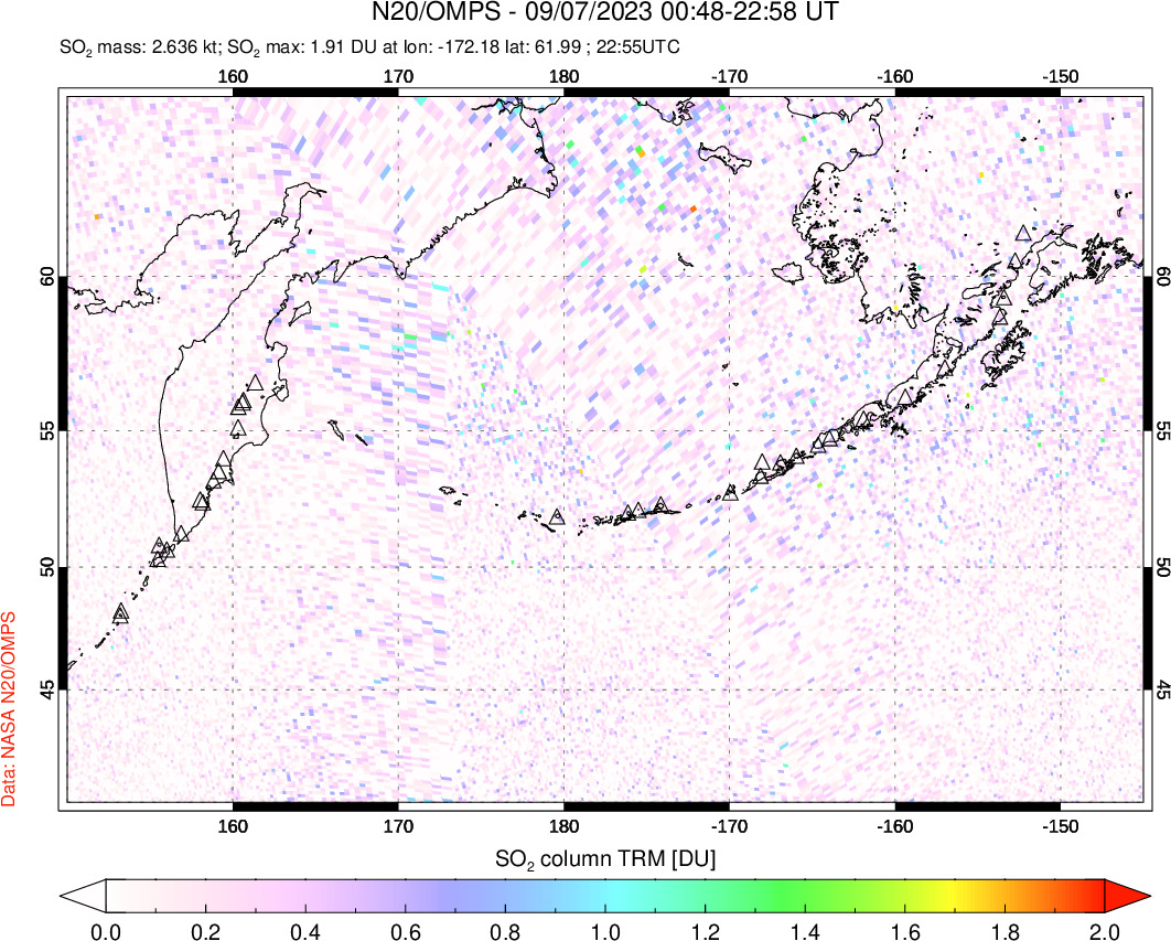 A sulfur dioxide image over North Pacific on Sep 07, 2023.