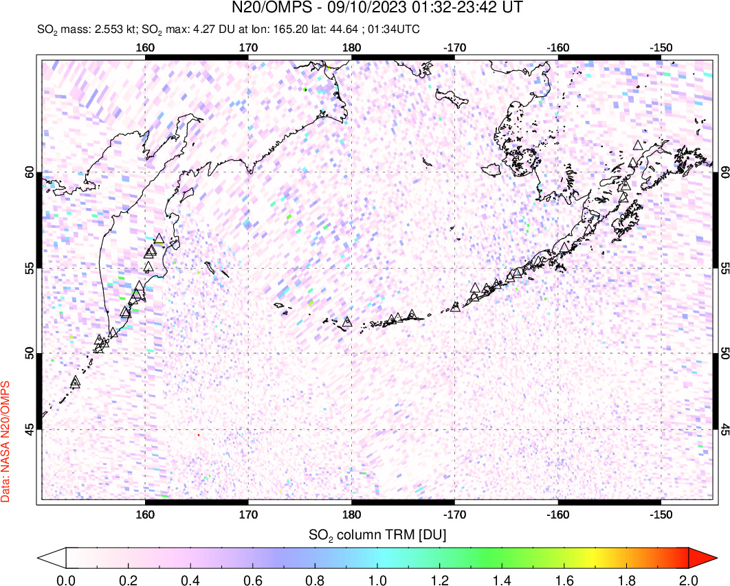 A sulfur dioxide image over North Pacific on Sep 10, 2023.