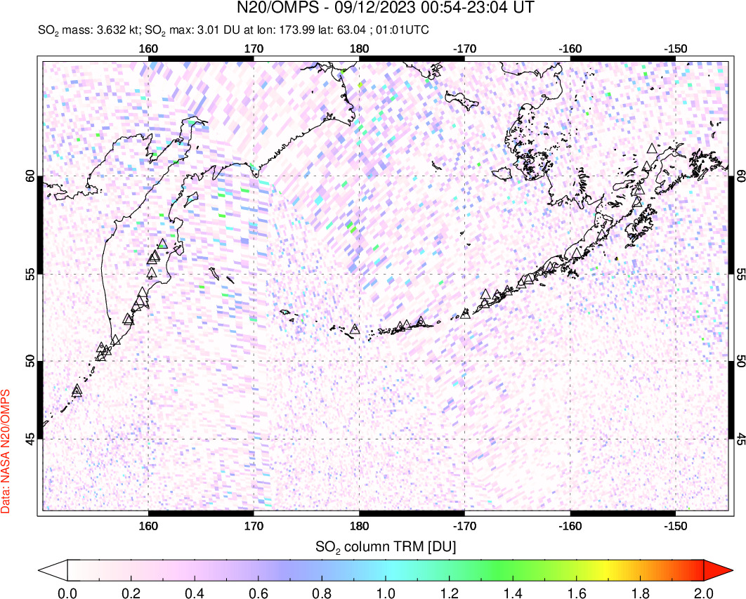 A sulfur dioxide image over North Pacific on Sep 12, 2023.