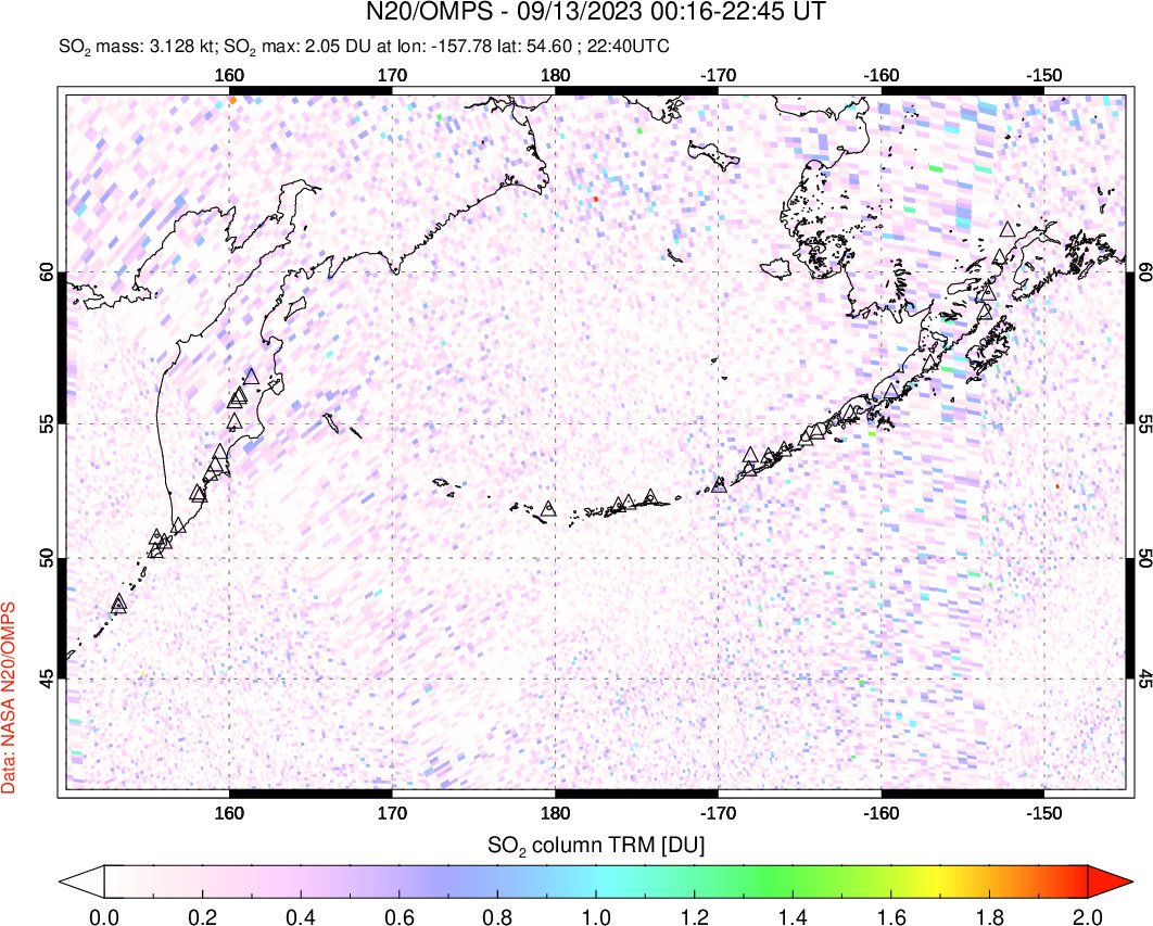 A sulfur dioxide image over North Pacific on Sep 13, 2023.