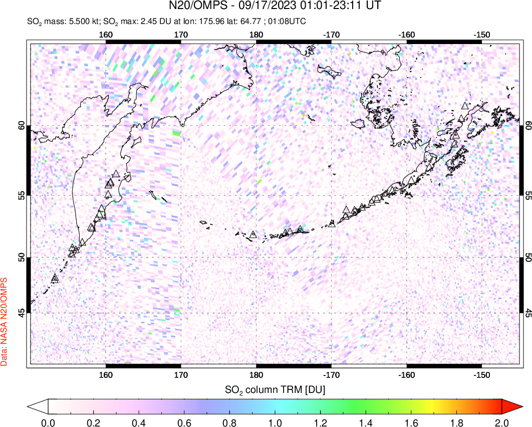 A sulfur dioxide image over North Pacific on Sep 17, 2023.