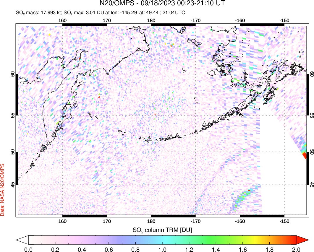 A sulfur dioxide image over North Pacific on Sep 18, 2023.