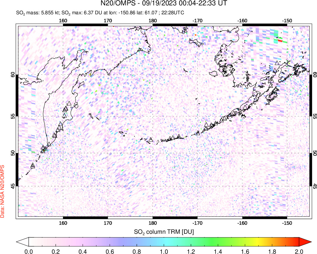 A sulfur dioxide image over North Pacific on Sep 19, 2023.