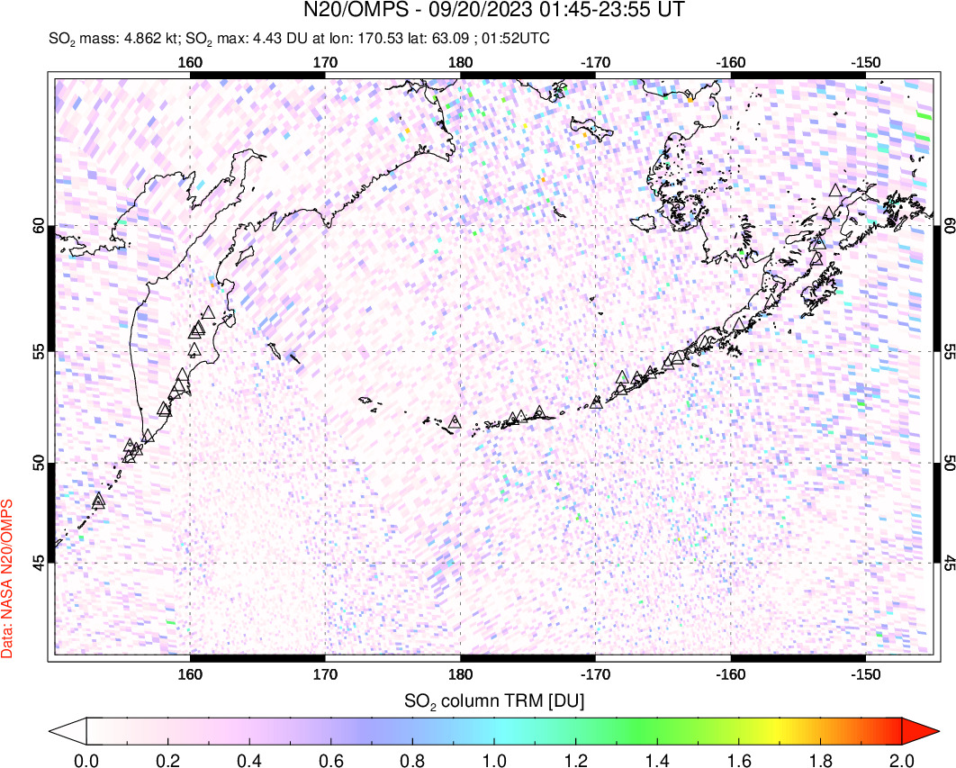 A sulfur dioxide image over North Pacific on Sep 20, 2023.