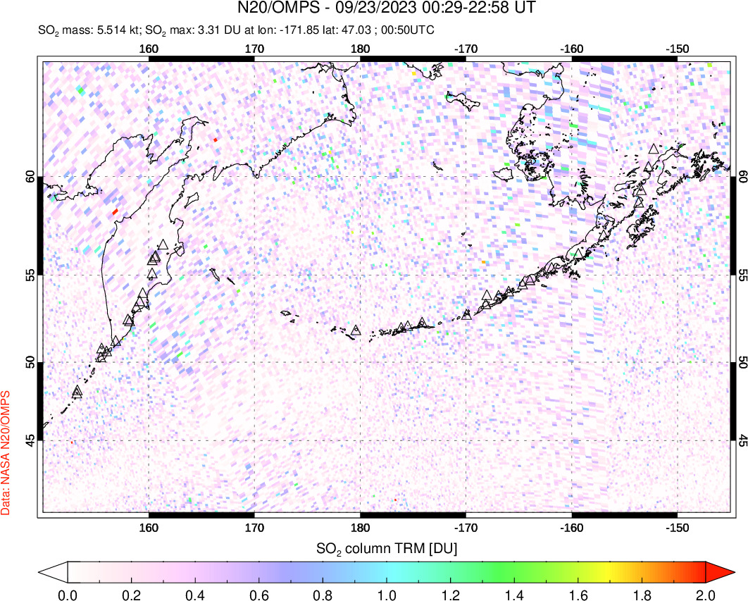 A sulfur dioxide image over North Pacific on Sep 23, 2023.