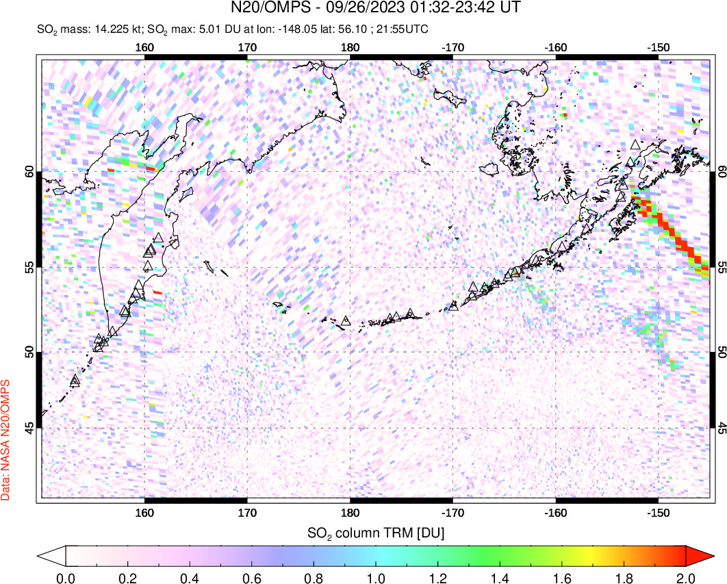 A sulfur dioxide image over North Pacific on Sep 26, 2023.