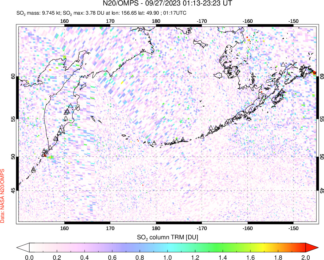 A sulfur dioxide image over North Pacific on Sep 27, 2023.