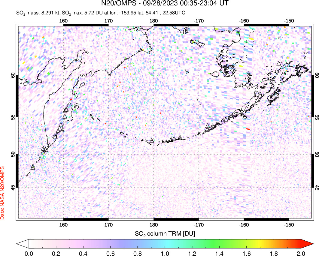 A sulfur dioxide image over North Pacific on Sep 28, 2023.