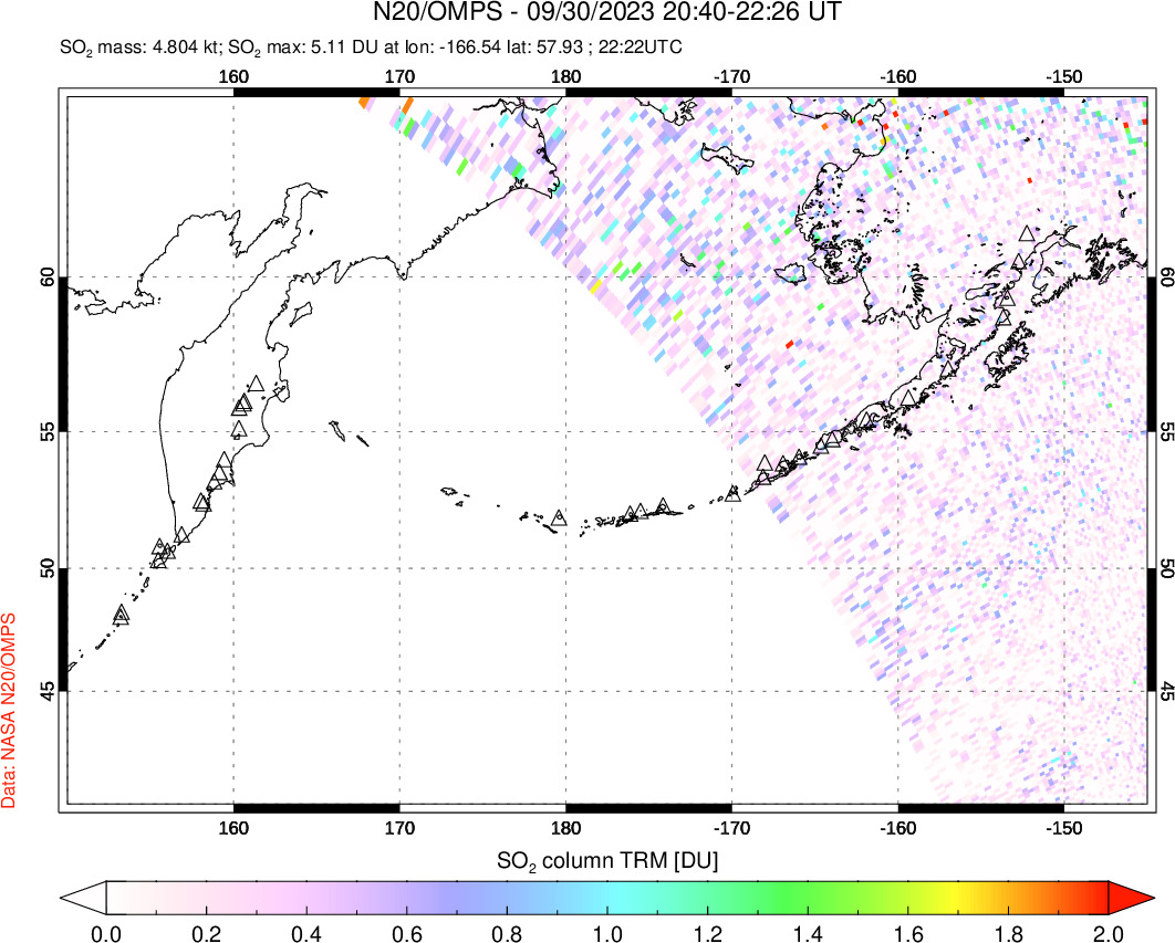 A sulfur dioxide image over North Pacific on Sep 30, 2023.