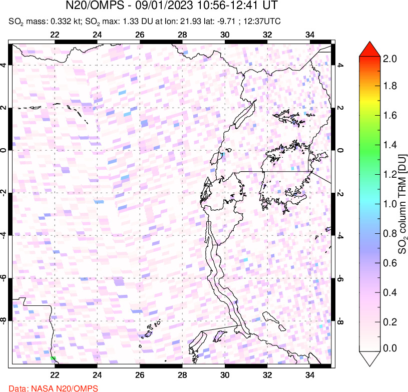 A sulfur dioxide image over Nyiragongo, DR Congo on Sep 01, 2023.