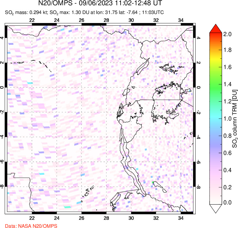 A sulfur dioxide image over Nyiragongo, DR Congo on Sep 06, 2023.