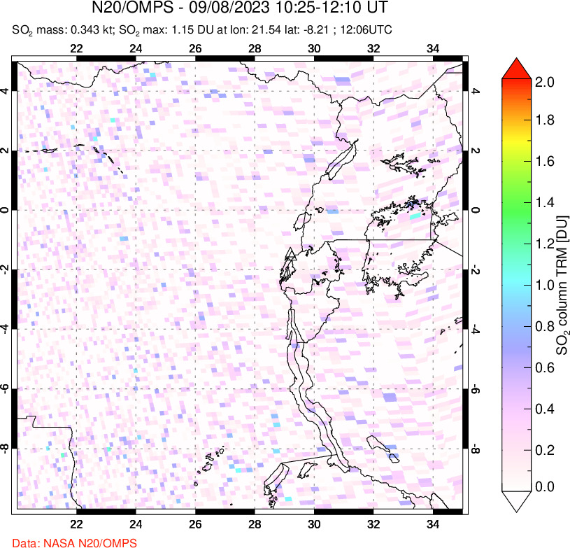 A sulfur dioxide image over Nyiragongo, DR Congo on Sep 08, 2023.