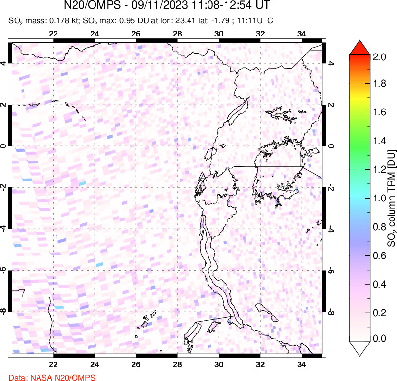 A sulfur dioxide image over Nyiragongo, DR Congo on Sep 11, 2023.