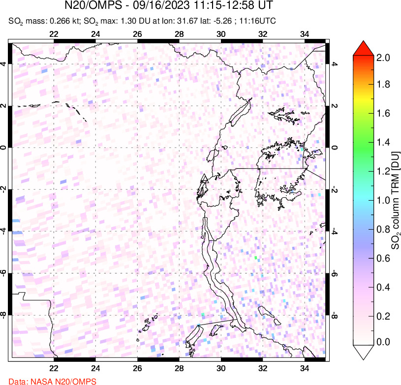 A sulfur dioxide image over Nyiragongo, DR Congo on Sep 16, 2023.