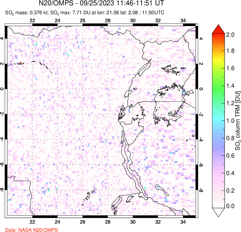 A sulfur dioxide image over Nyiragongo, DR Congo on Sep 25, 2023.