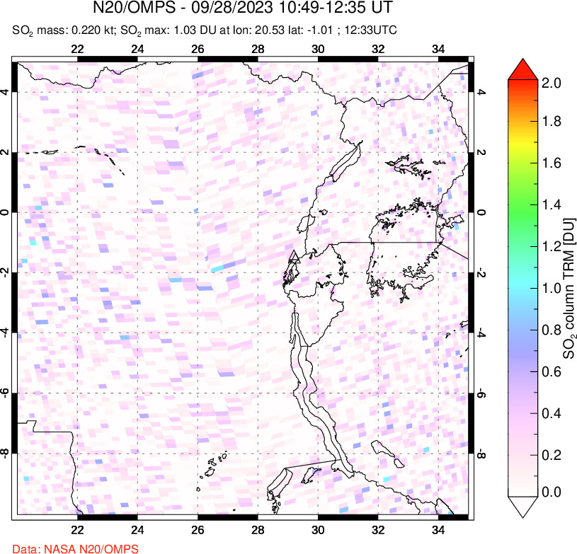 A sulfur dioxide image over Nyiragongo, DR Congo on Sep 28, 2023.