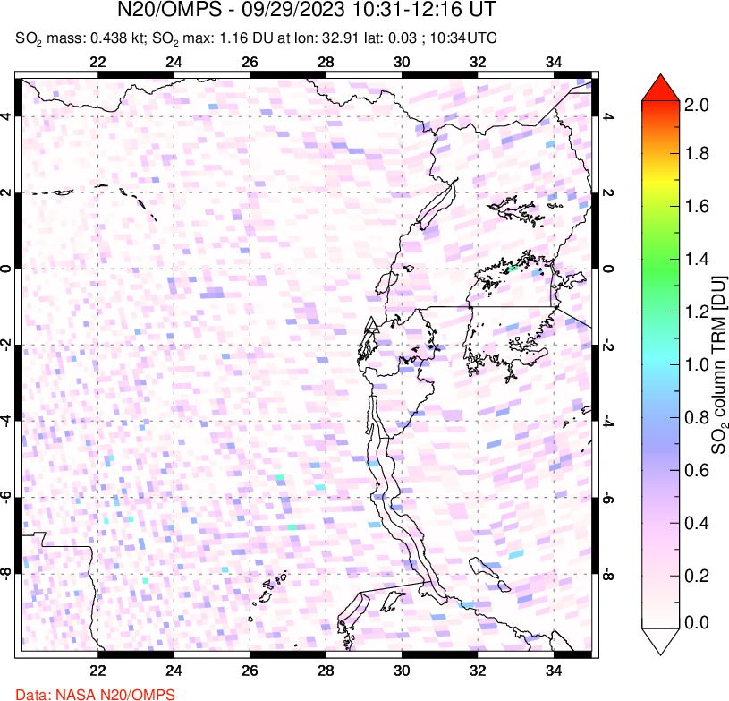 A sulfur dioxide image over Nyiragongo, DR Congo on Sep 29, 2023.