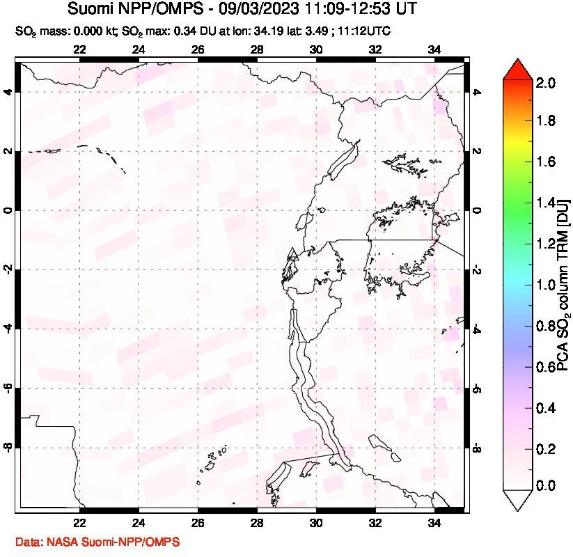 A sulfur dioxide image over Nyiragongo, DR Congo on Sep 03, 2023.