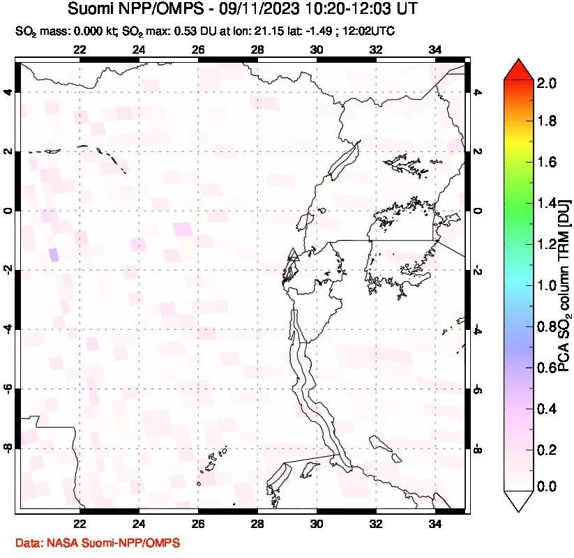 A sulfur dioxide image over Nyiragongo, DR Congo on Sep 11, 2023.