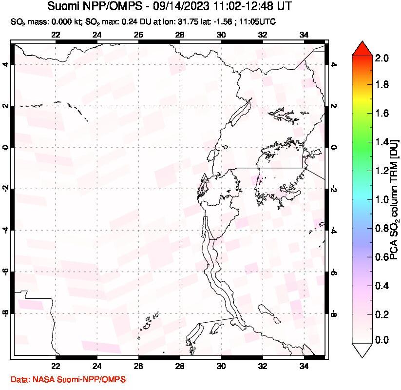 A sulfur dioxide image over Nyiragongo, DR Congo on Sep 14, 2023.