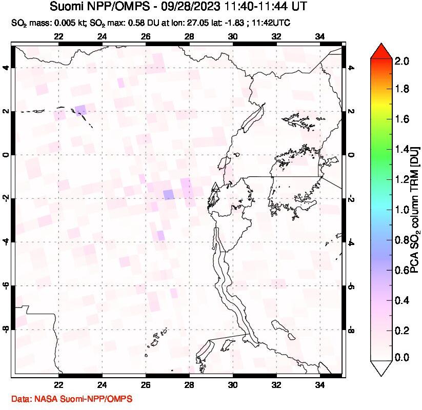 A sulfur dioxide image over Nyiragongo, DR Congo on Sep 28, 2023.