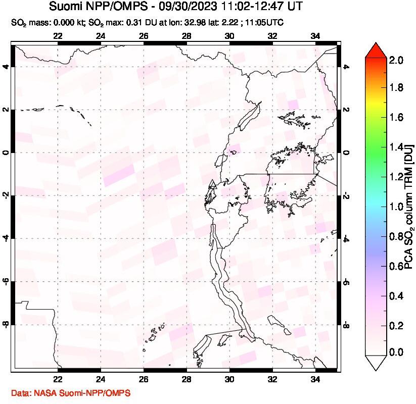 A sulfur dioxide image over Nyiragongo, DR Congo on Sep 30, 2023.