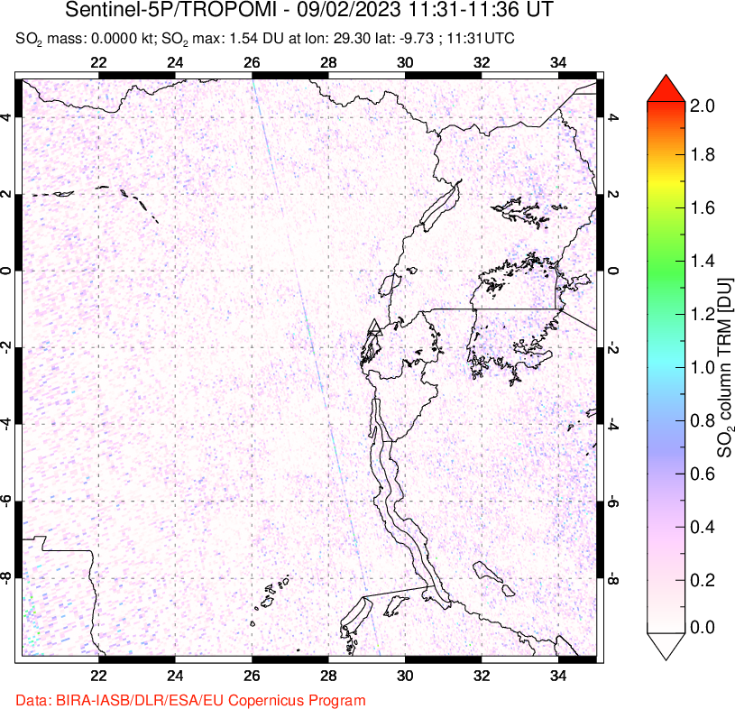 A sulfur dioxide image over Nyiragongo, DR Congo on Sep 02, 2023.