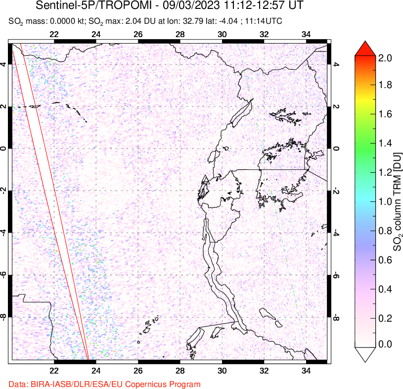 A sulfur dioxide image over Nyiragongo, DR Congo on Sep 03, 2023.