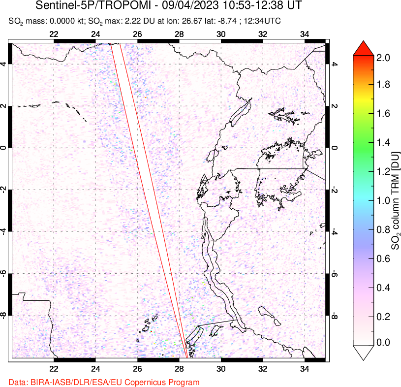 A sulfur dioxide image over Nyiragongo, DR Congo on Sep 04, 2023.