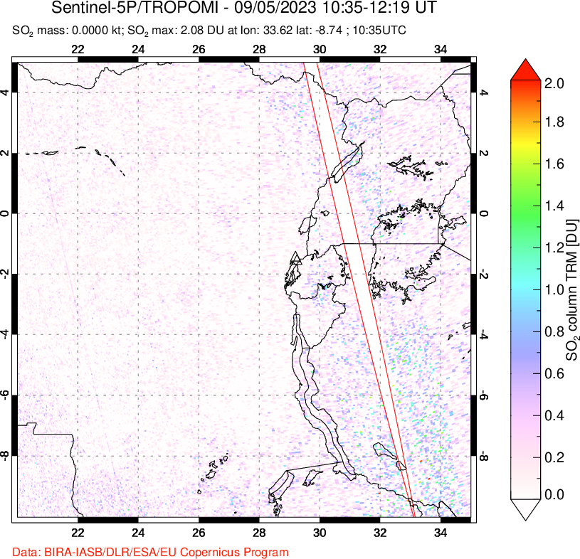 A sulfur dioxide image over Nyiragongo, DR Congo on Sep 05, 2023.