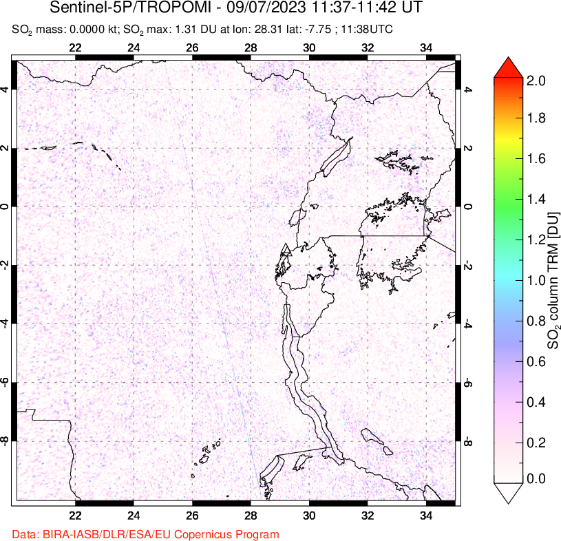 A sulfur dioxide image over Nyiragongo, DR Congo on Sep 07, 2023.