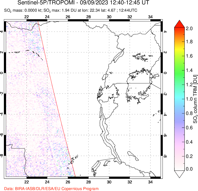 A sulfur dioxide image over Nyiragongo, DR Congo on Sep 09, 2023.