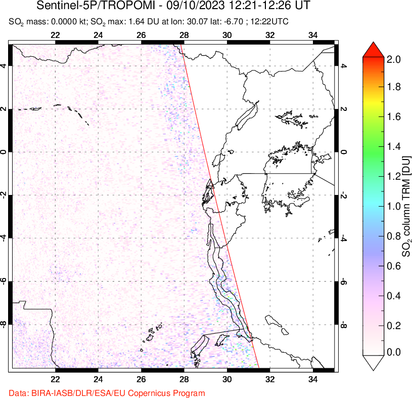 A sulfur dioxide image over Nyiragongo, DR Congo on Sep 10, 2023.