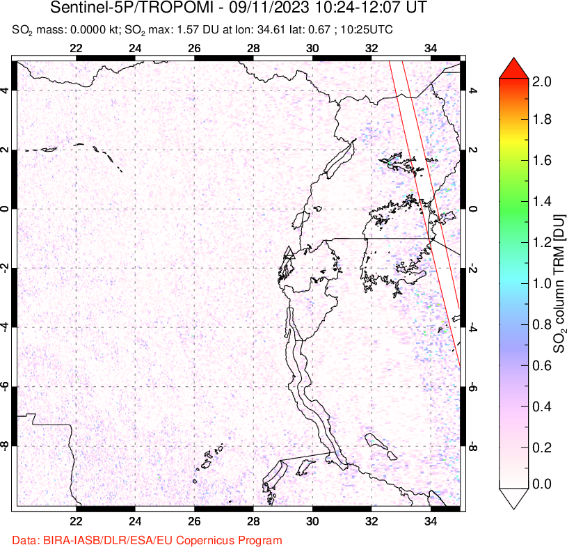 A sulfur dioxide image over Nyiragongo, DR Congo on Sep 11, 2023.