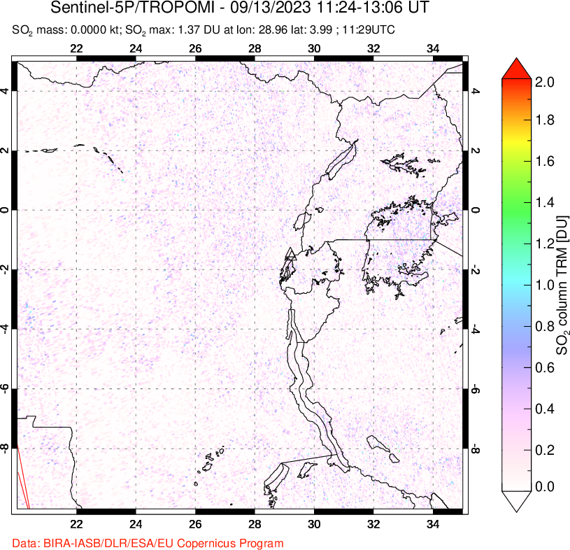 A sulfur dioxide image over Nyiragongo, DR Congo on Sep 13, 2023.