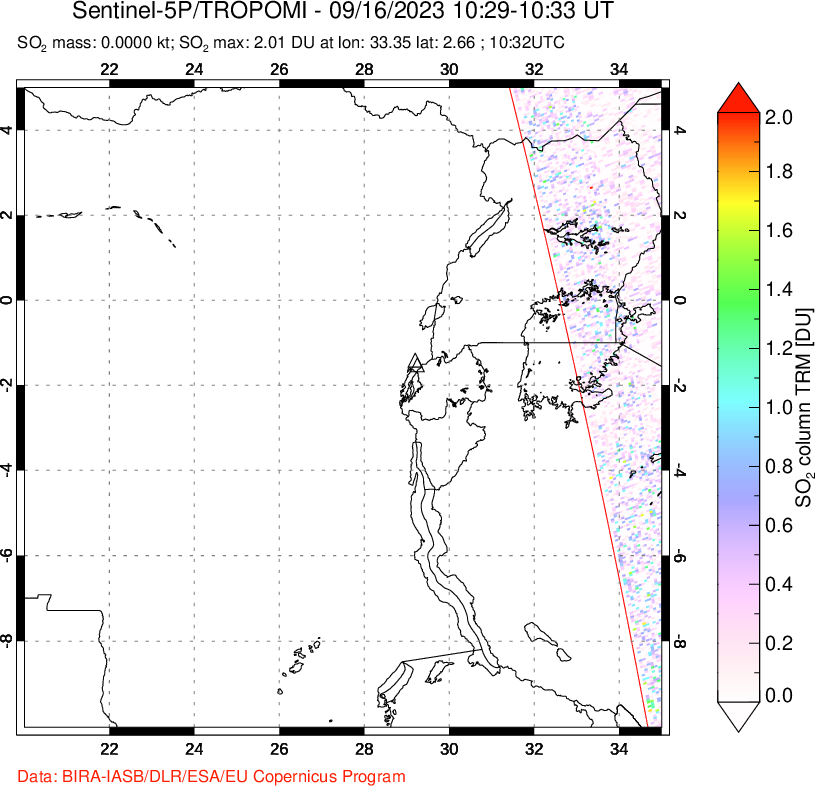 A sulfur dioxide image over Nyiragongo, DR Congo on Sep 16, 2023.