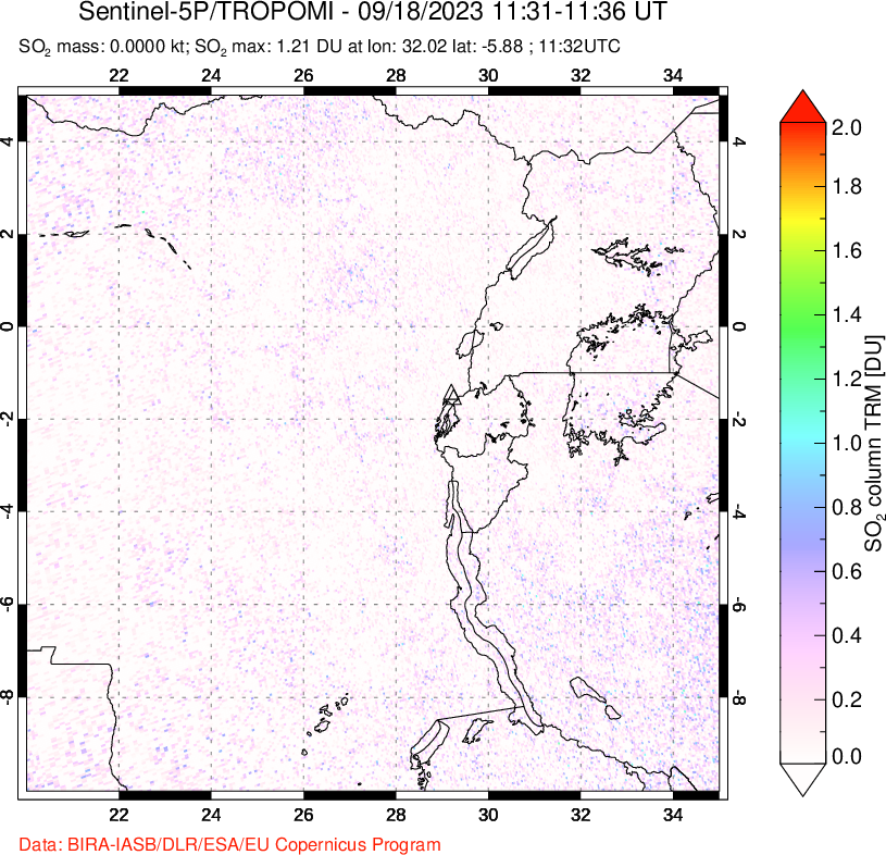 A sulfur dioxide image over Nyiragongo, DR Congo on Sep 18, 2023.