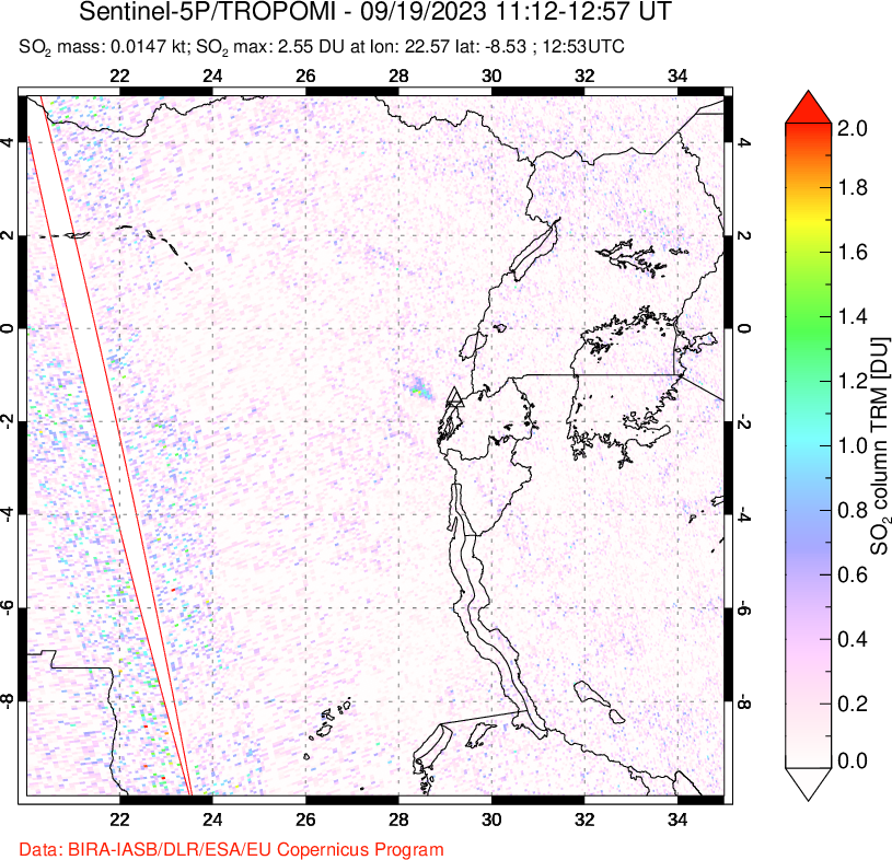 A sulfur dioxide image over Nyiragongo, DR Congo on Sep 19, 2023.