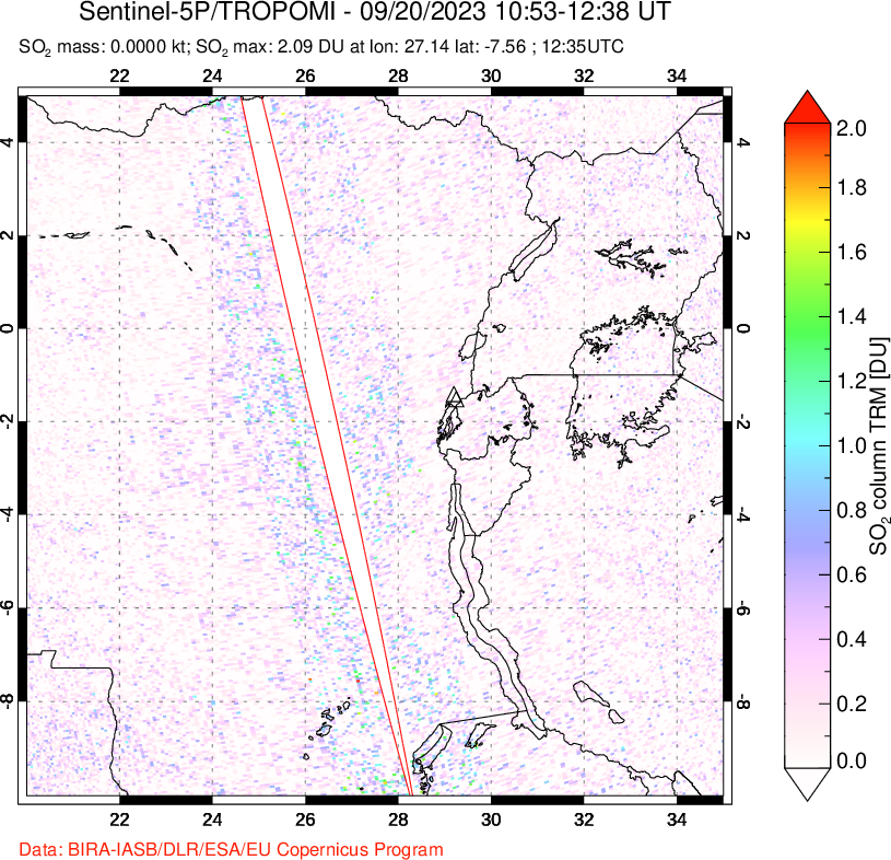 A sulfur dioxide image over Nyiragongo, DR Congo on Sep 20, 2023.