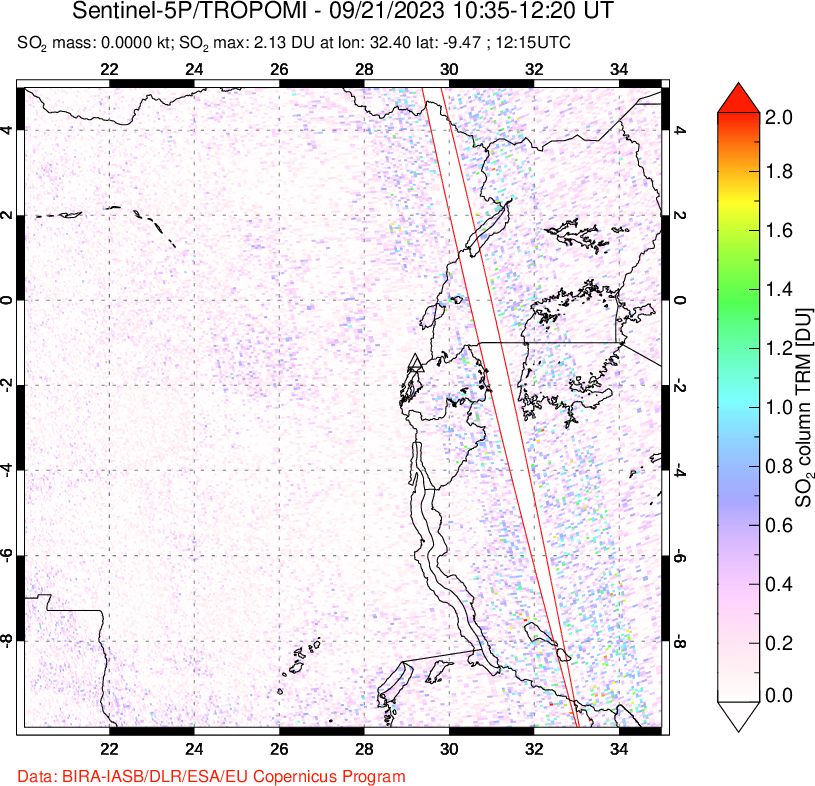 A sulfur dioxide image over Nyiragongo, DR Congo on Sep 21, 2023.