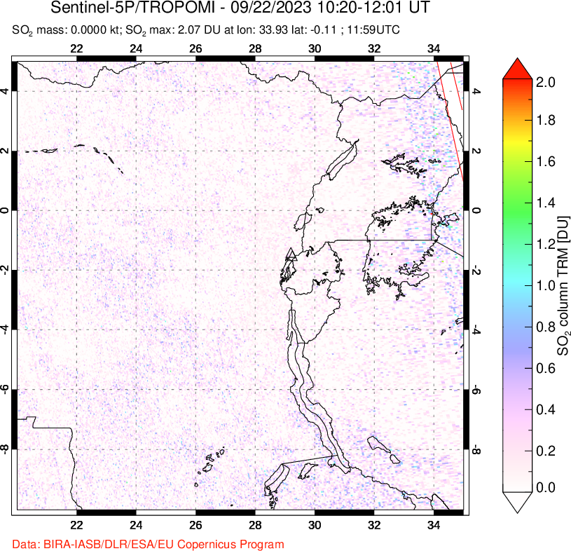 A sulfur dioxide image over Nyiragongo, DR Congo on Sep 22, 2023.