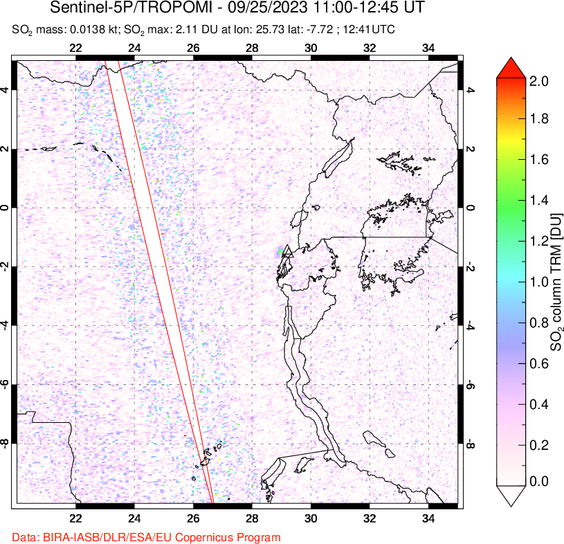 A sulfur dioxide image over Nyiragongo, DR Congo on Sep 25, 2023.