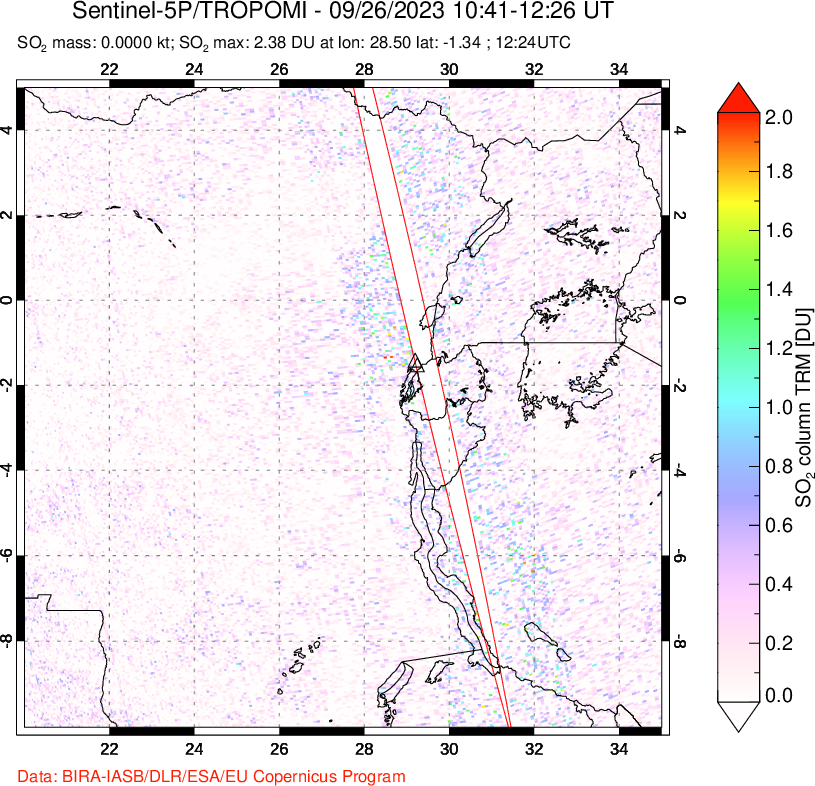 A sulfur dioxide image over Nyiragongo, DR Congo on Sep 26, 2023.