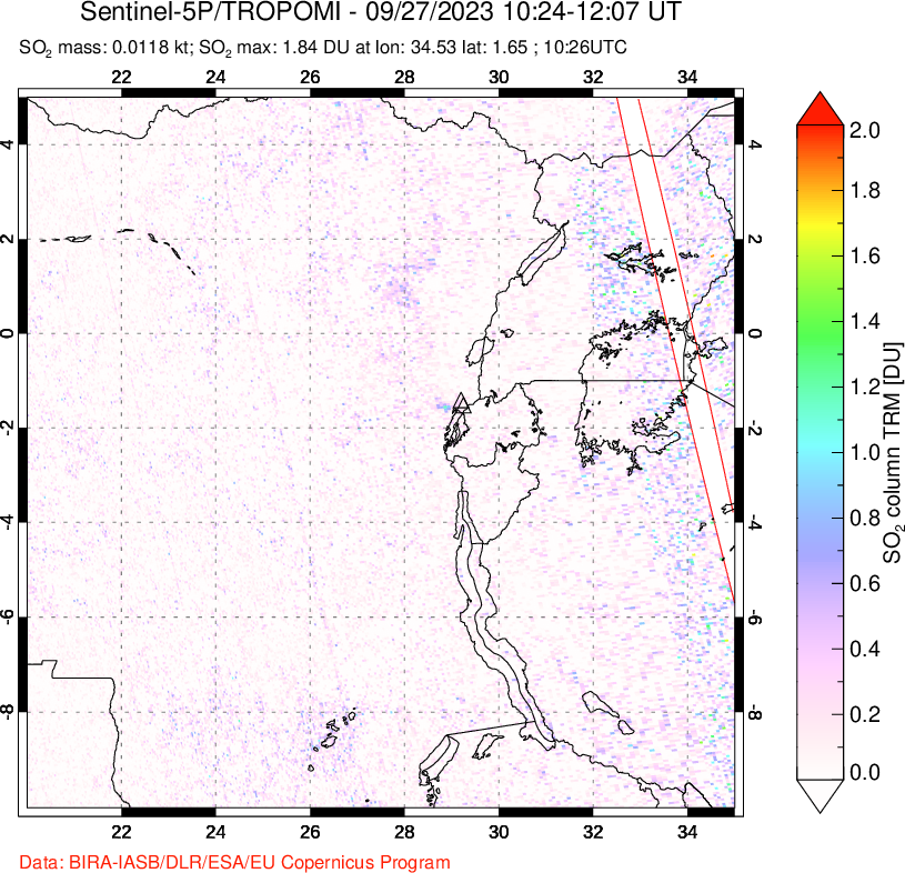 A sulfur dioxide image over Nyiragongo, DR Congo on Sep 27, 2023.