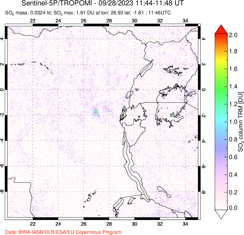 A sulfur dioxide image over Nyiragongo, DR Congo on Sep 28, 2023.