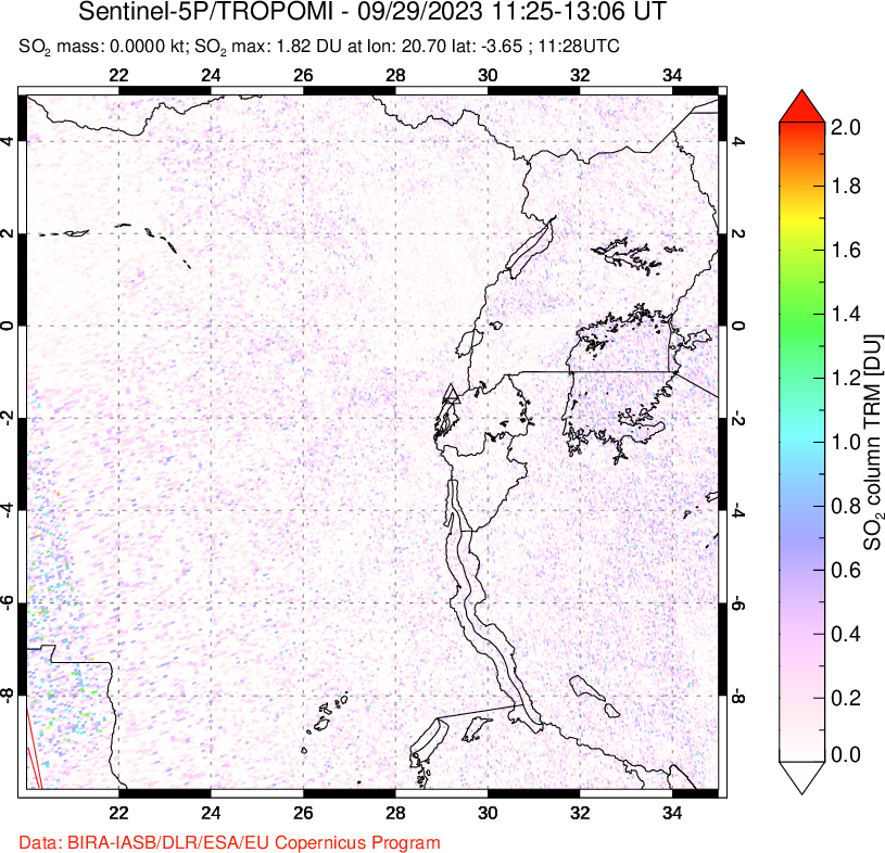 A sulfur dioxide image over Nyiragongo, DR Congo on Sep 29, 2023.