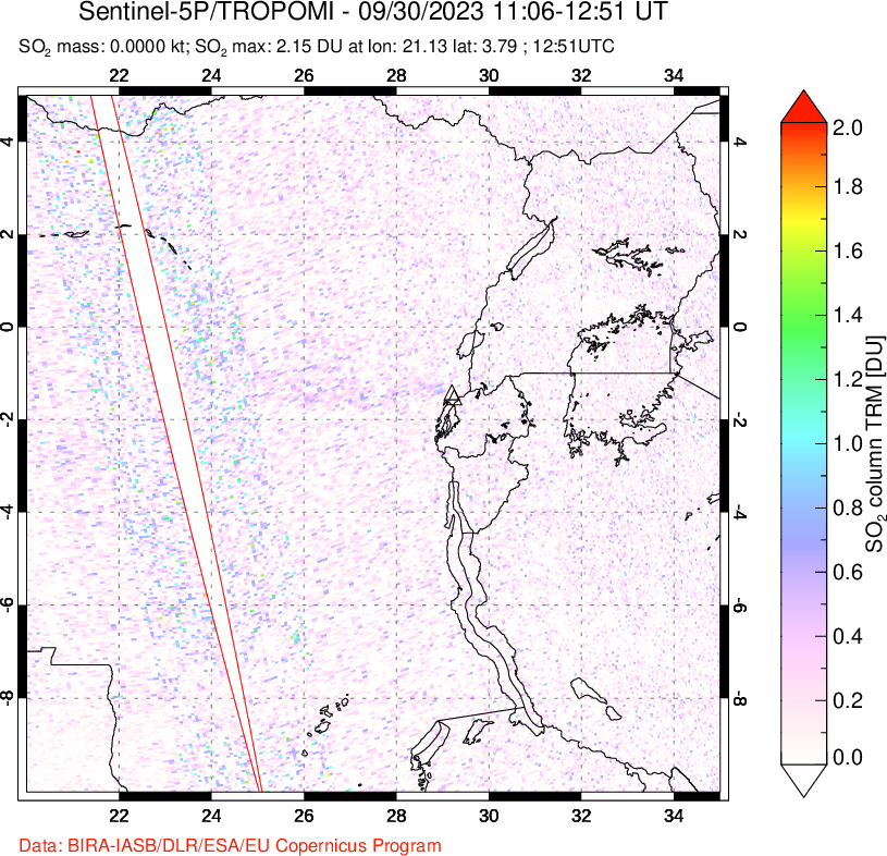 A sulfur dioxide image over Nyiragongo, DR Congo on Sep 30, 2023.