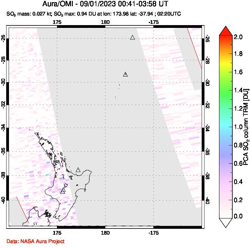 A sulfur dioxide image over New Zealand on Sep 01, 2023.