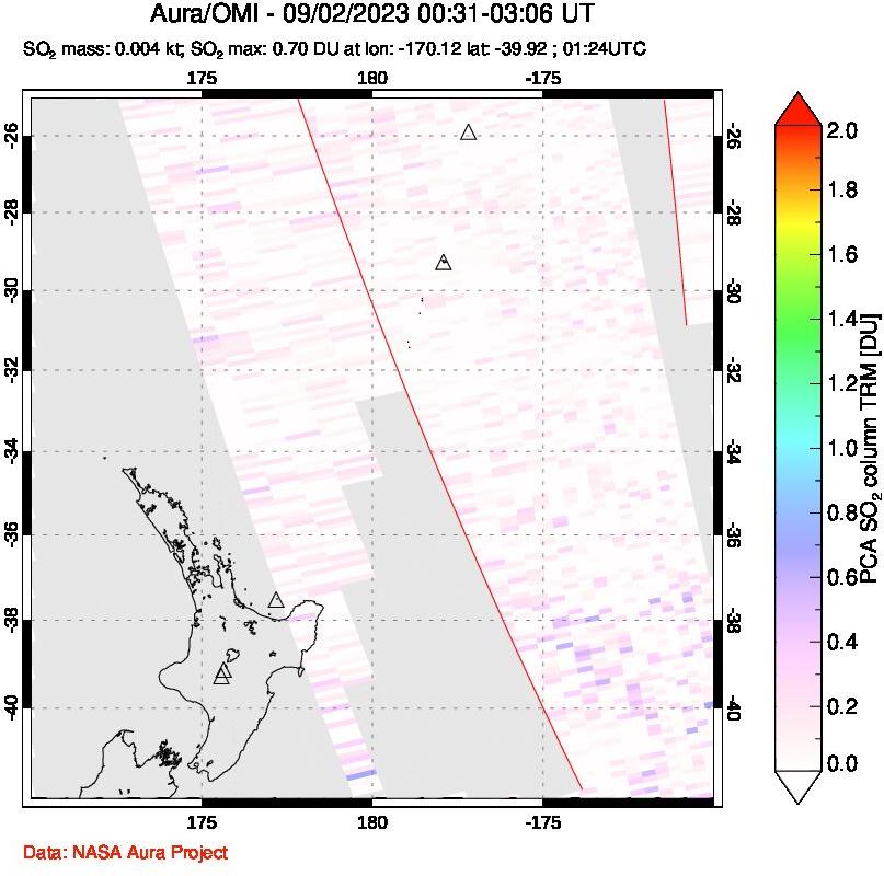 A sulfur dioxide image over New Zealand on Sep 02, 2023.