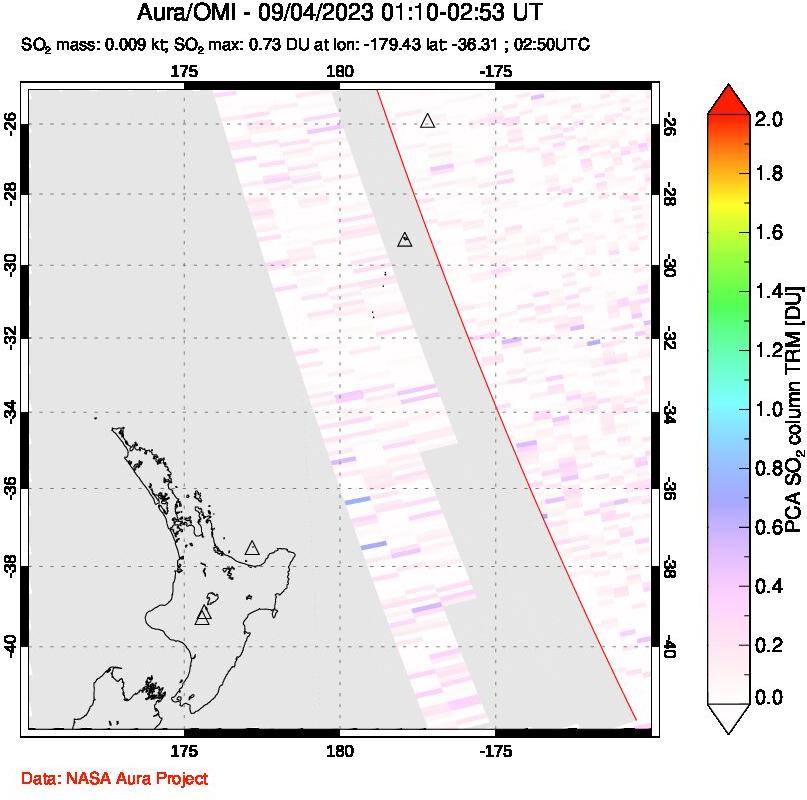 A sulfur dioxide image over New Zealand on Sep 04, 2023.